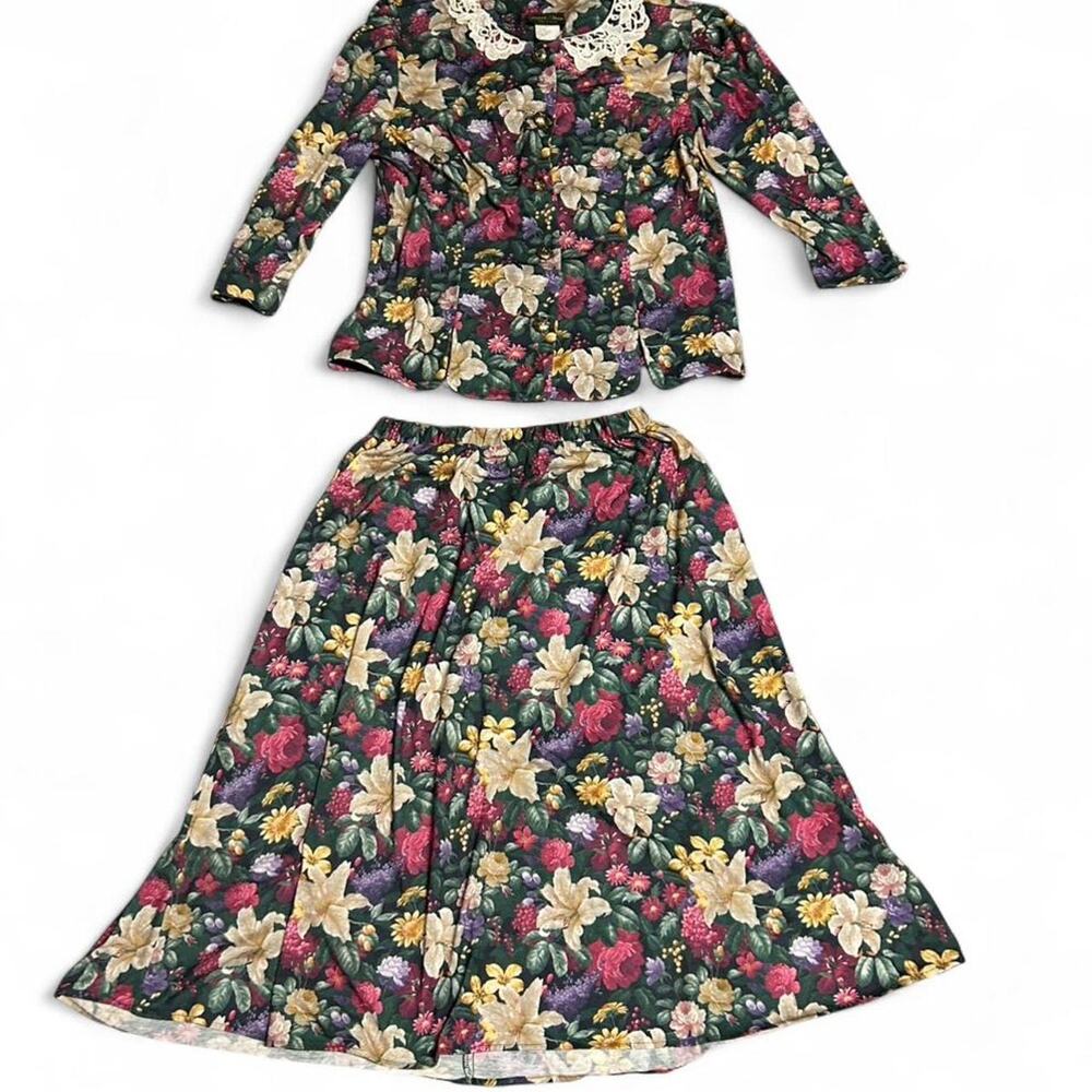 XS Vintage 80s cotton floral matching blouse and skirt set